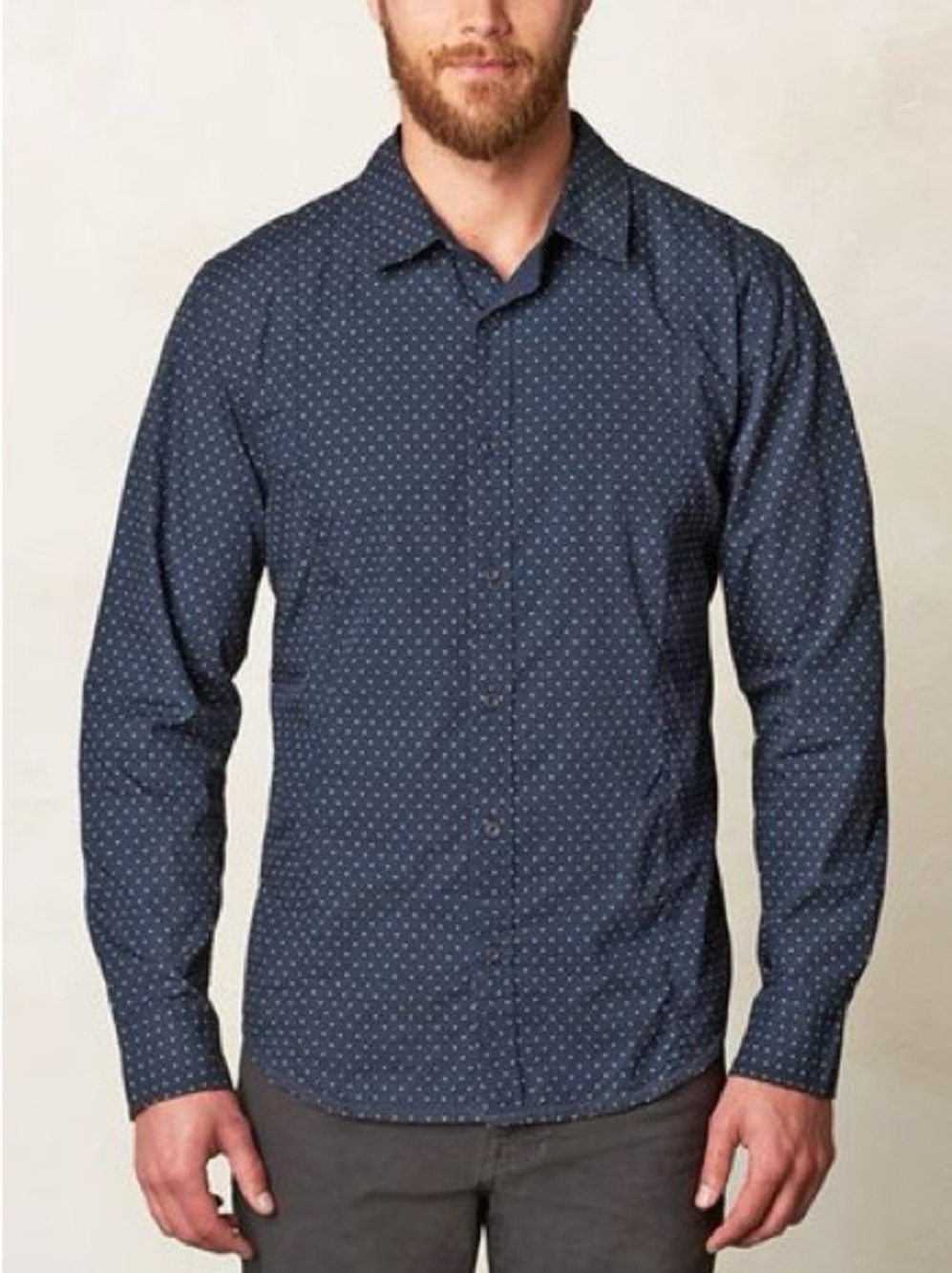 PrAna Navy Lukas Patterned Long Sleeve Button Down Organic Cotton Poplin Shirt